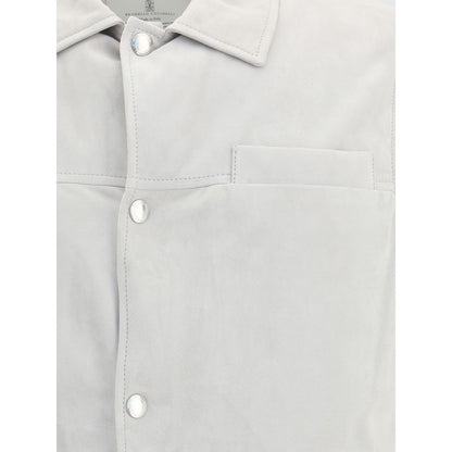 Close-up of Brunello Cucinelli Gray Leather Jacket with snap buttons and breast pocket, highlighting elegant design and soft leather texture.