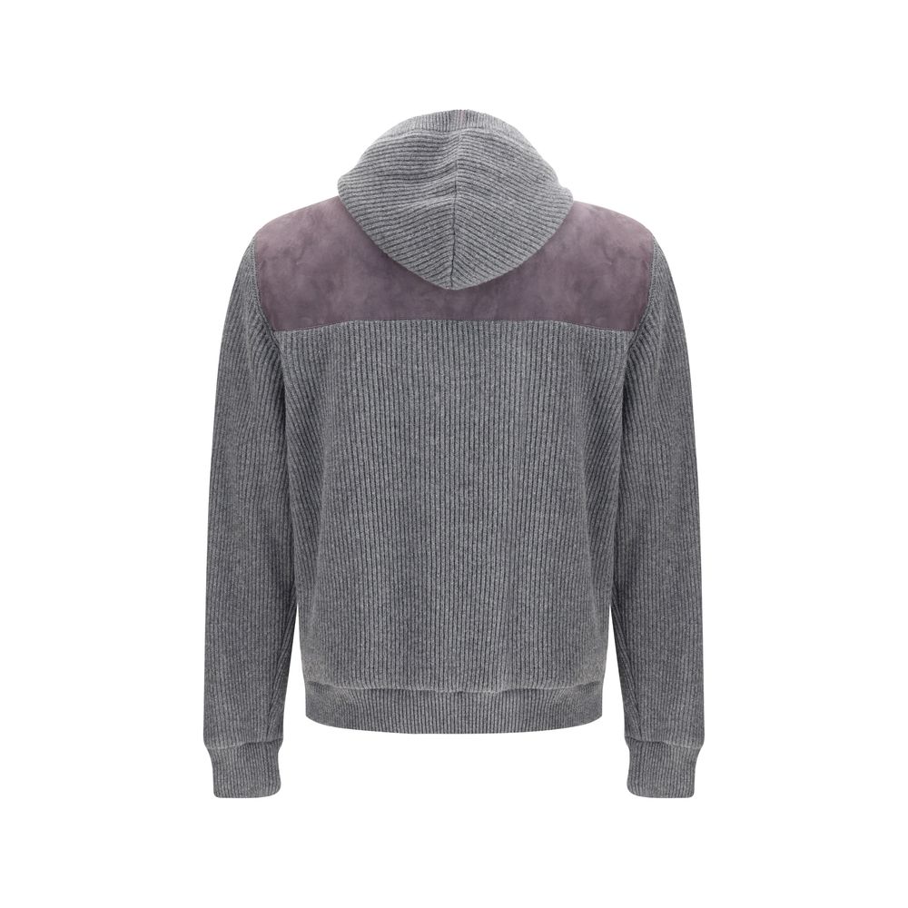 Back view of Brunello Cucinelli Gray Wool Jackets And Coat with suede yoke and ribbed knit design