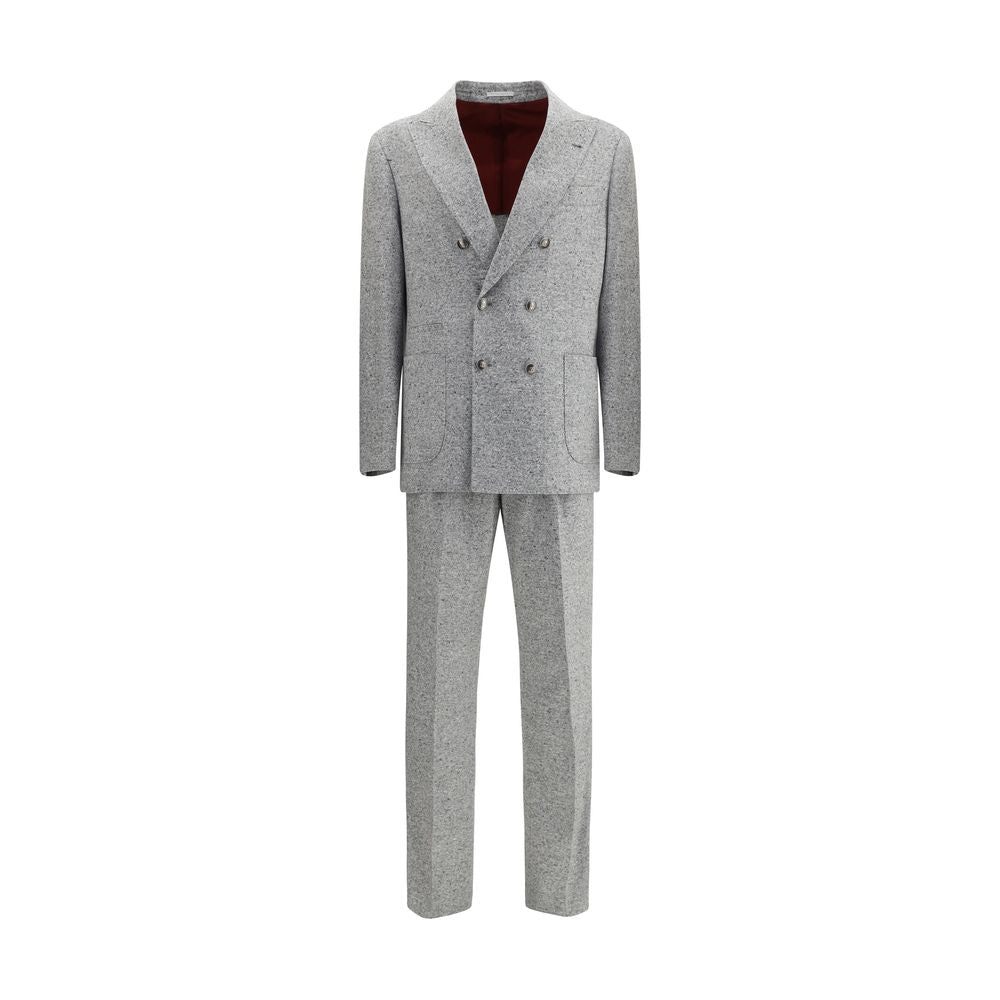 Brunello Cucinelli Gray Wool Two-Piece Suit with metal button closure and peaked lapels, showcasing luxury tailoring in grisaille fabric.
