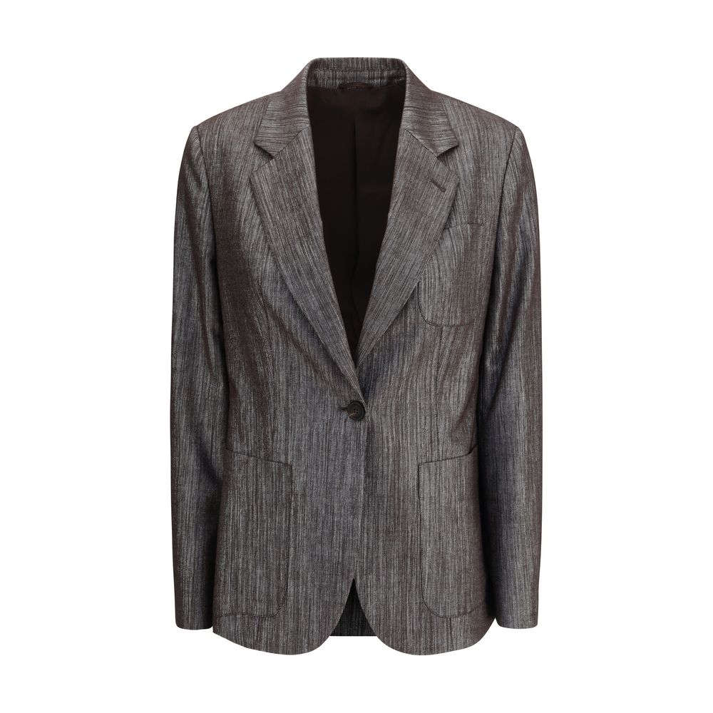Brunello Cucinelli Yellow Polyester Blazer featuring lurex fabric, classic lapels, and sophisticated shine for a refined look.