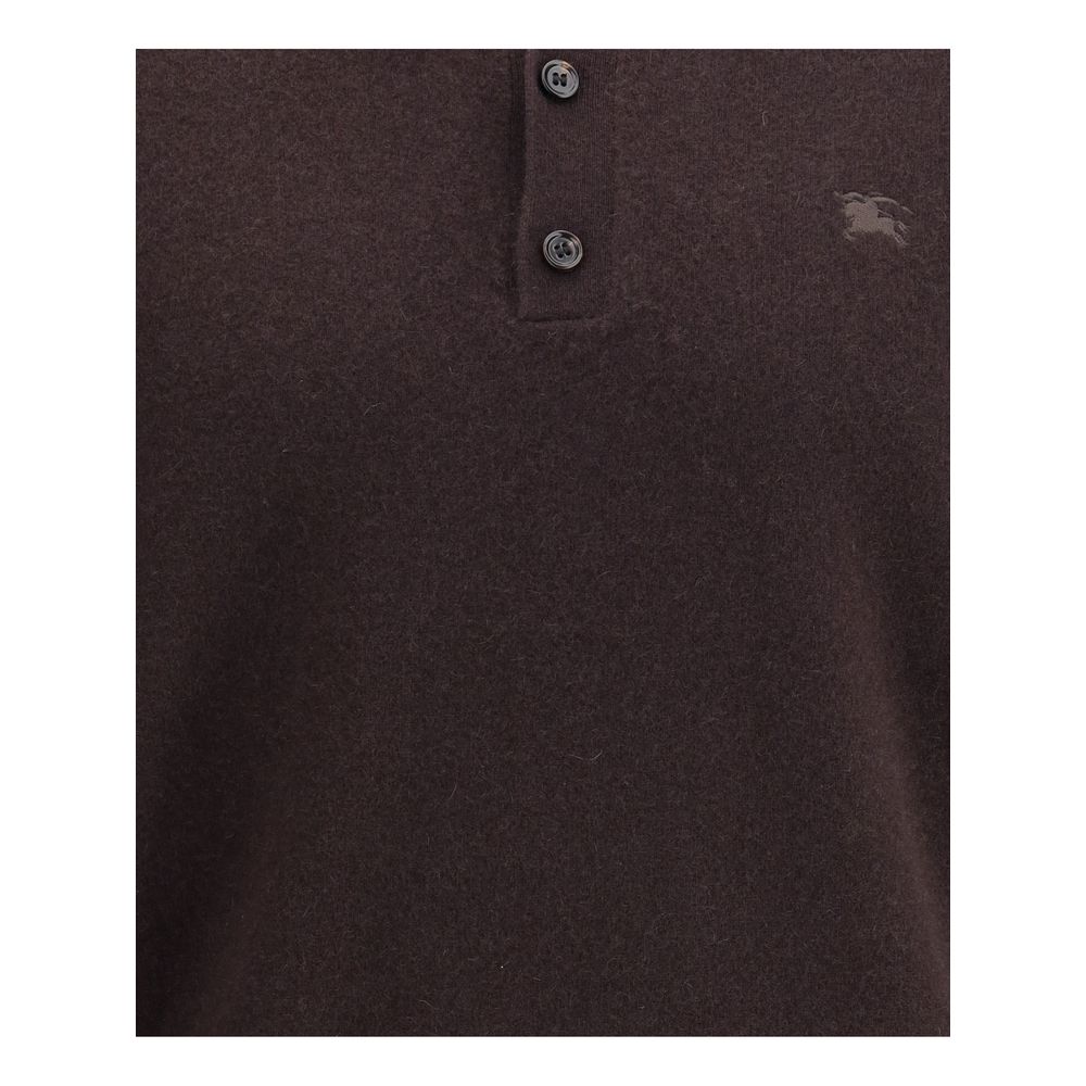 Burberry Brown Cashmere Cashmere Sweater with button placket and embroidered Equestrian Knight Design, showcasing luxury fashion details.