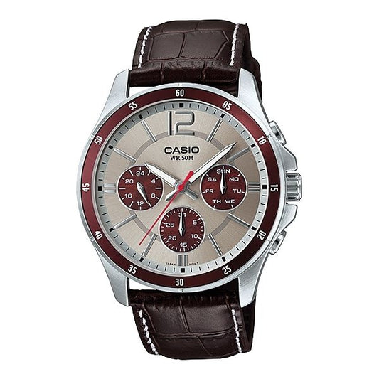 CASIO COLLECTION Mod. MULTIFUNCTION CALENDAR. LEATHER - TWO TONES wristwatch with leather strap, water-resistant, quartz movement.