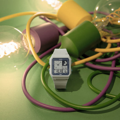 CASIO COLLECTION Mod. POP - GREY wristwatch on colorful background, unisex design, 38mm resin case, quartz movement, water-resistant 3 ATM