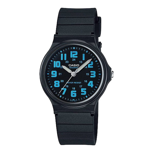 Black CASIO COLLECTION quartz wristwatch with 34mm resin case, 3 ATM water resistance, and blue numerals, packaged in official box.