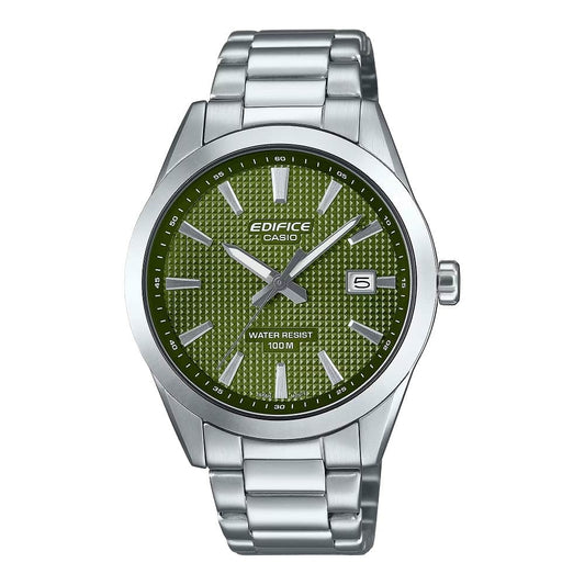 CASIO EDIFICE Mod. CLASSIC DATE - GREEN wristwatch with green dial, stainless steel case and bracelet, quartz movement, 10 ATM water resistance.