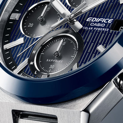 Close-up of CASIO EDIFICE Mod. SOLAR POWERED CHRONOGRAPH - BLUE watch face with chronograph dials and stainless steel case.