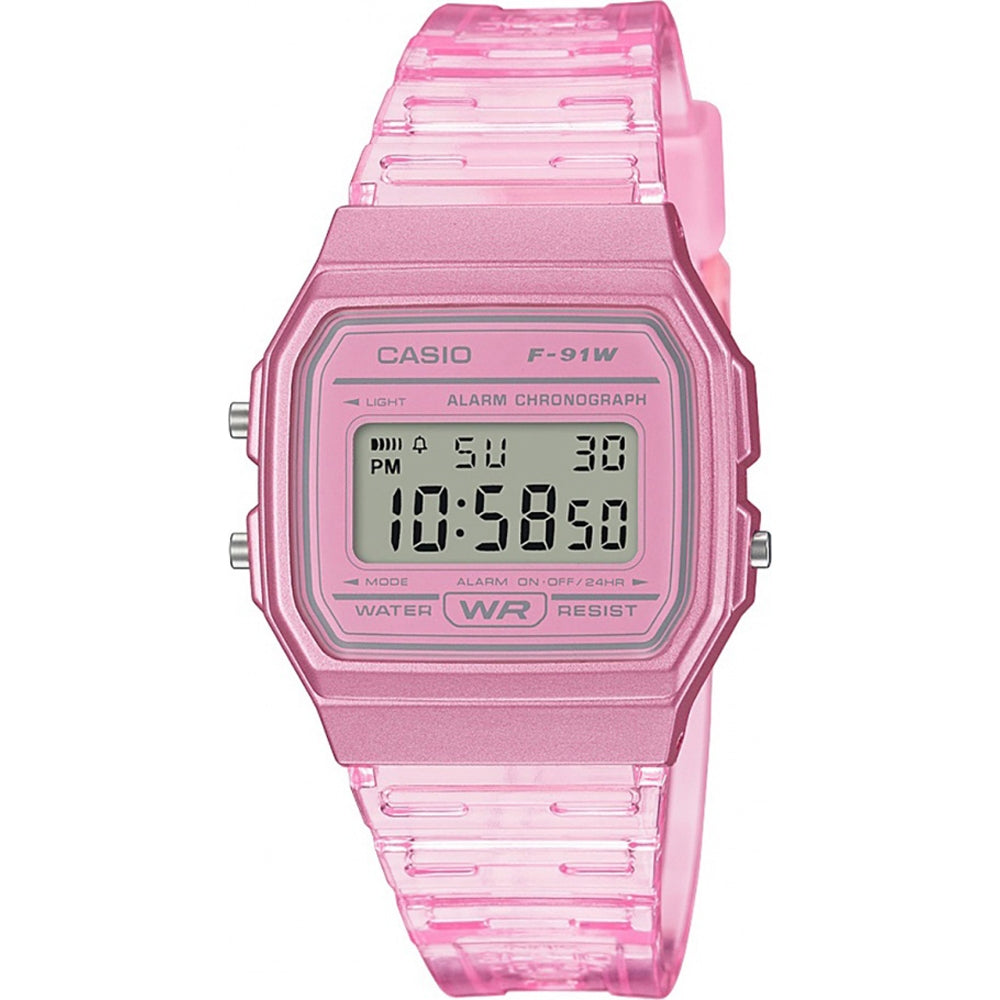 Pink digital CASIO EU WATCHES Mod. F-91WS-4EF with transparent strap and alarm chronograph feature.
