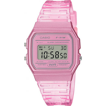 Pink digital CASIO EU WATCHES Mod. F-91WS-4EF with transparent strap and alarm chronograph feature.