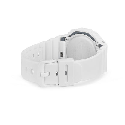 Rear view of CASIO G-SHOCK Mod. OAK COMPACT - METALLIC DIAL SERIE wristwatch with white resin strap and durable carbon & resin case.