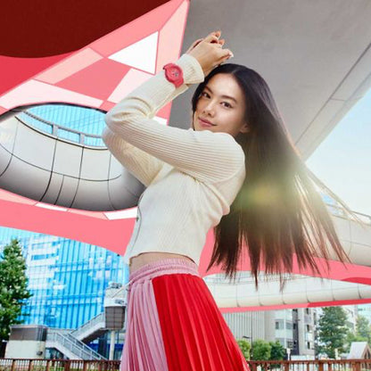 Model wearing CASIO G-SHOCK Mod. OAK COMPACT - TONE ON TONE SERIE PINK ***SPECIAL PRICE*** in urban setting, wristwatch showcased.