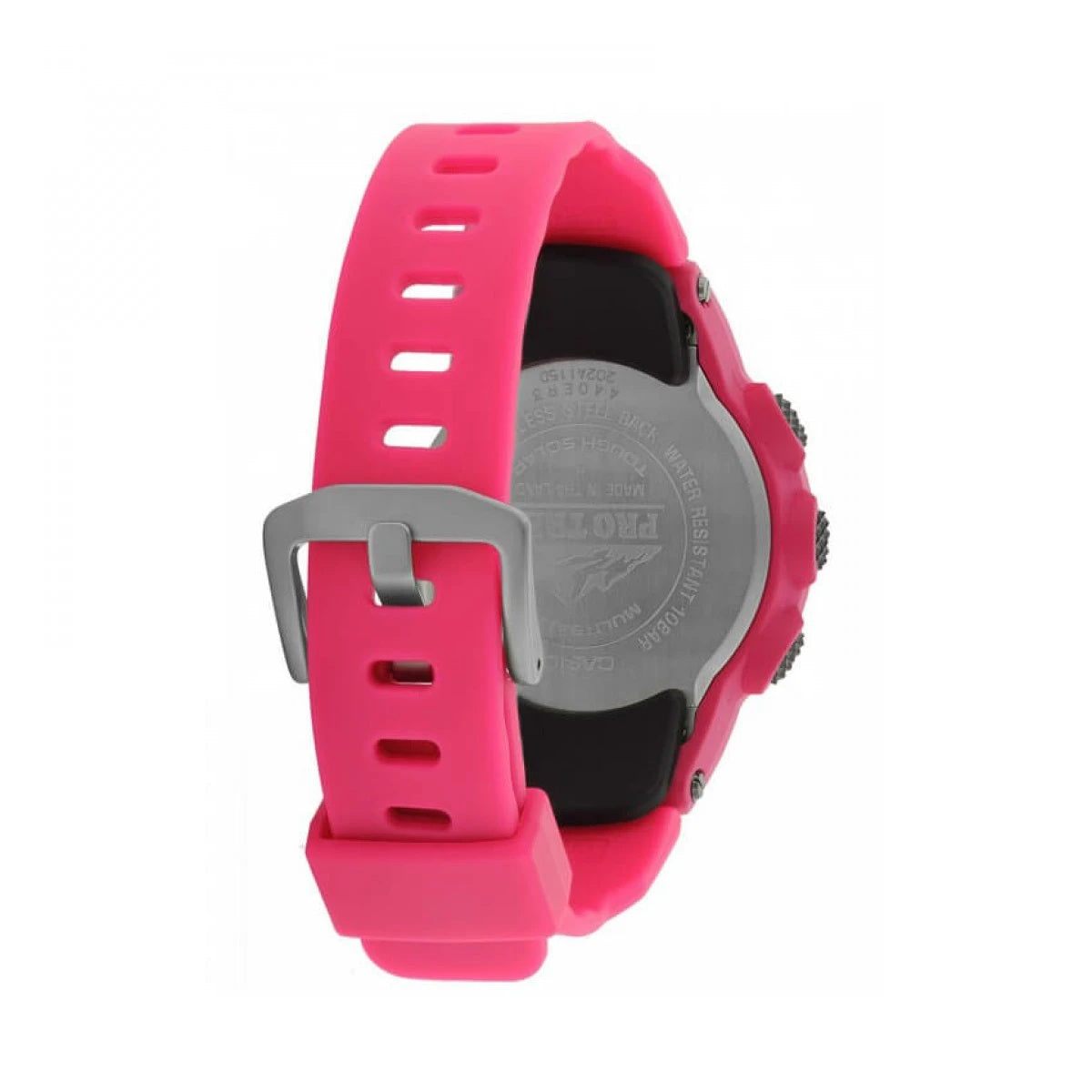 Back view of CASIO PRO TREK - THOUGH SOLAR - TRIPLE SENSOR wristwatch with pink resin strap, unisex design, water-resistant 5 ATM.