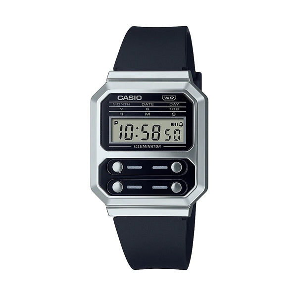 Alt Tag: CASIO VINTAGE Mod. EDGY COLLECTION - BLACK wristwatch with quartz movement, resin case, silicone strap, and multifunction display.