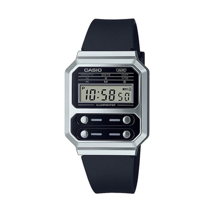Alt Tag: CASIO VINTAGE Mod. EDGY COLLECTION - BLACK wristwatch with quartz movement, resin case, silicone strap, and multifunction display.