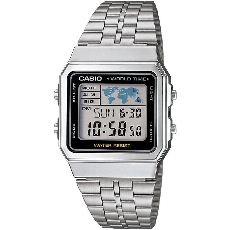 CASIO VINTAGE Mod. WORLD TIME - SILVER & BLACK unisex wristwatch with multifunction quartz movement, water resistant, metal case and SS bracelet.