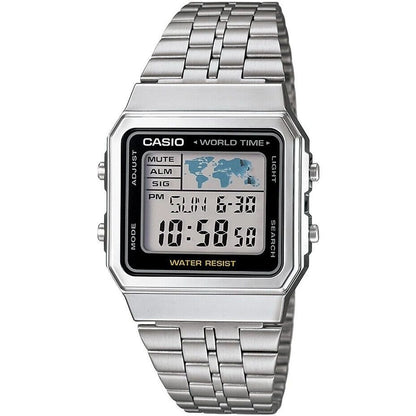 CASIO VINTAGE Mod. WORLD TIME - SILVER & BLACK unisex wristwatch with multifunction quartz movement, water resistant, metal case and SS bracelet.