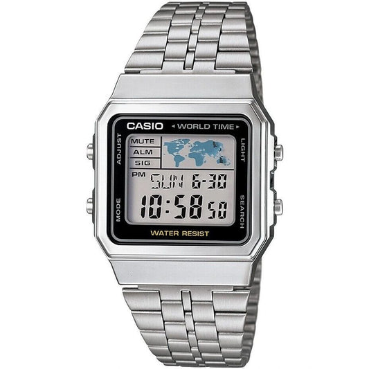 CASIO VINTAGE Mod. WORLD TIME - SILVER & BLACK unisex wristwatch with multifunction quartz movement, water resistant, metal case and SS bracelet.