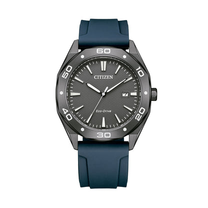 CITIZEN MOD. BM7638-02H watch with blue band and black dial displaying current time.