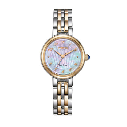 CITIZEN MOD. EM0996-84Y women's Eco-Drive watch with a gold and silver bracelet and mother-of-pearl dial.
