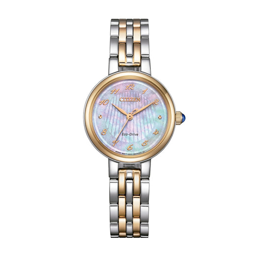CITIZEN MOD. EM0996-84Y women's Eco-Drive watch with a gold and silver bracelet and mother-of-pearl dial.