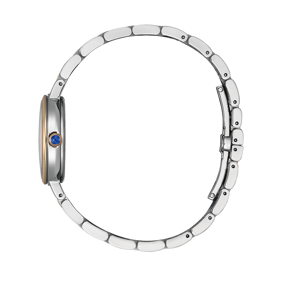 Side view of CITIZEN MOD. EM0996-84Y watch with elegant metal bracelet and blue accent.