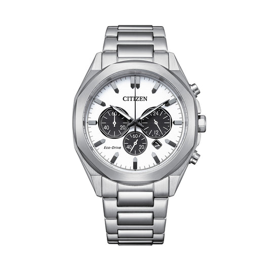 CITIZEN WATCHES Mod. CA4590-81A silver chronograph watch with white and black dial, stylish design, and stainless steel bracelet.