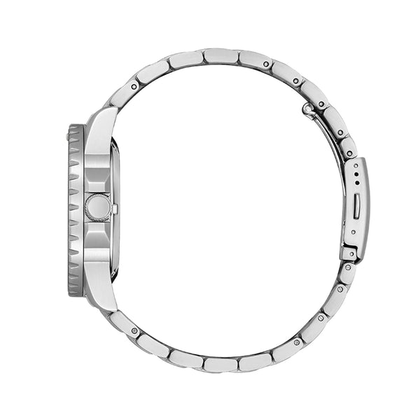 Side view of CITIZEN WATCHES Mod. NJ0170-83Z, 43 mm stainless steel automatic wristwatch with SS bracelet, 10 ATM water resistance.