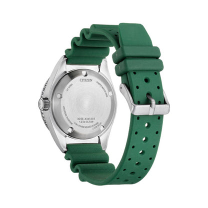 Back view of CITIZEN WATCHES Mod. NY0121-09X with green strap and silver case.