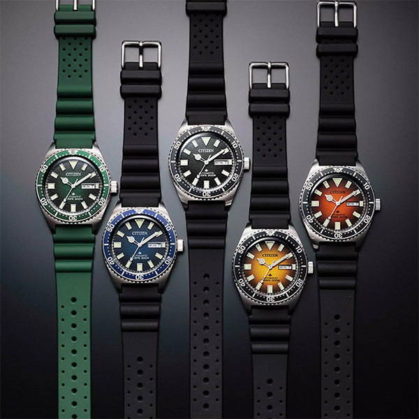 Collection of CITIZEN WATCHES Mod. NY0121-09X displayed in various colors and designs on a sleek background.