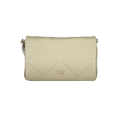 Calvin Klein Beige Cotton Handbag with adjustable strap, two compartments, card pocket, contrasting details, and snap closure.