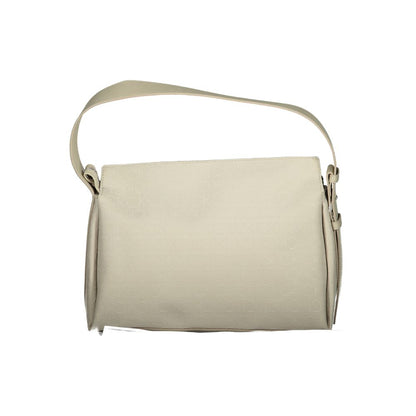 Calvin Klein Beige Polyester Handbag with adjustable shoulder handle and zip closure, featuring logo and contrasting details.