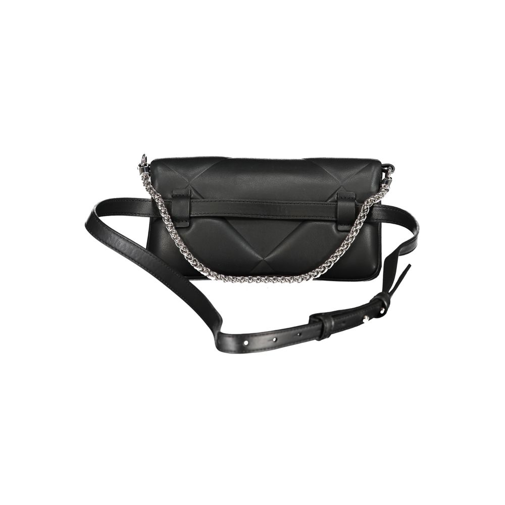Calvin Klein Black Cotton Handbag with chain shoulder handle and adjustable belt, featuring magnetic closure and logo, front view.