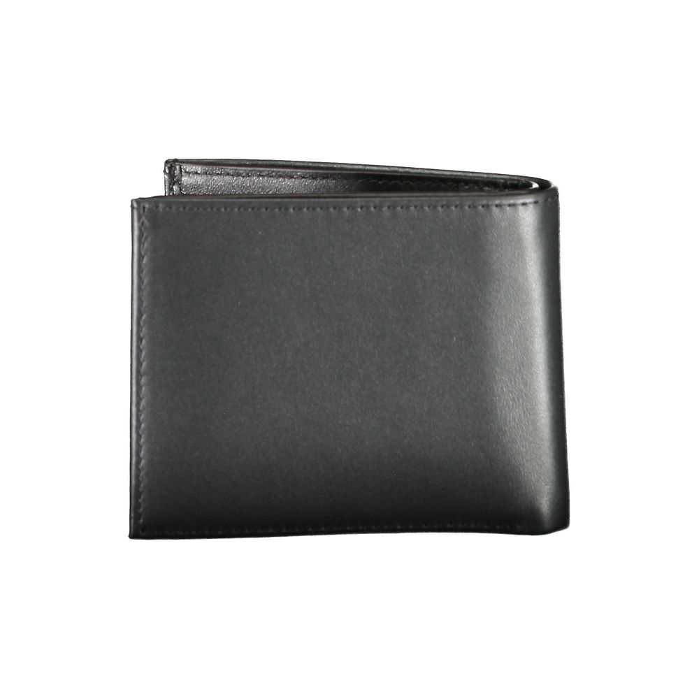 Calvin Klein Black Leather Men Wallet featuring RFID blocking technology, ample card slots, dual compartments, and coin purse.