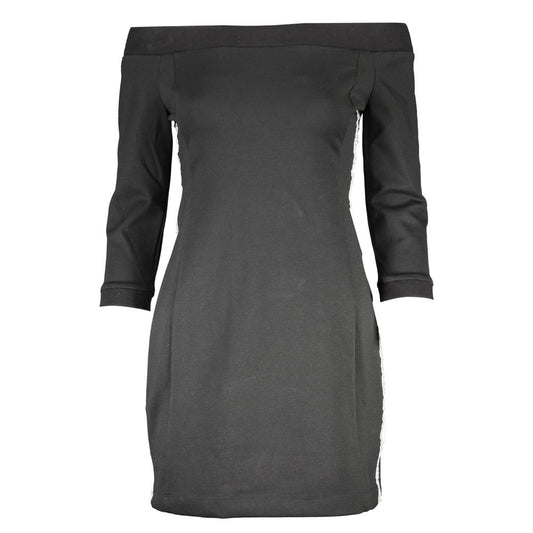 Calvin Klein Black Polyester Dress with off-shoulder neckline, 3/4 sleeves, and contrasting details, featuring logo.