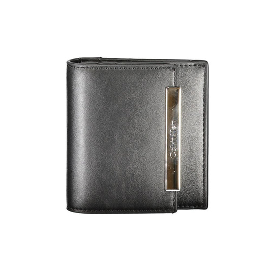 Calvin Klein Black Polyester Wallet with RFID block, card spaces, external pocket, and zip closure, featuring logo.