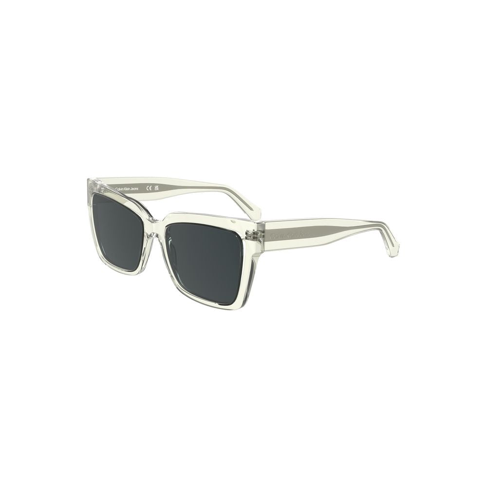 Calvin Klein Transparent Plastic Men Sunglass with square smoke lenses providing UV protection and stylish transparent frame design.