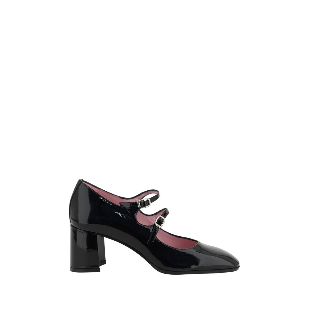 Carel Paris Black Calf Leather Bos Taurus Mid Heel Pumps with patent leather and 6-cm beveled heel, elegant two-strap design for support.