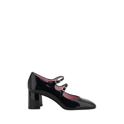 Carel Paris Black Calf Leather Bos Taurus Mid Heel Pumps with patent finish and Mary Jane style straps, 6-cm beveled heel.