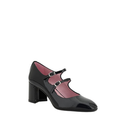 Carel Paris Black Calf Leather Bos Taurus Mid Heel Pumps with Mary Jane design and beveled heel for comfort and style. AW25 collection.