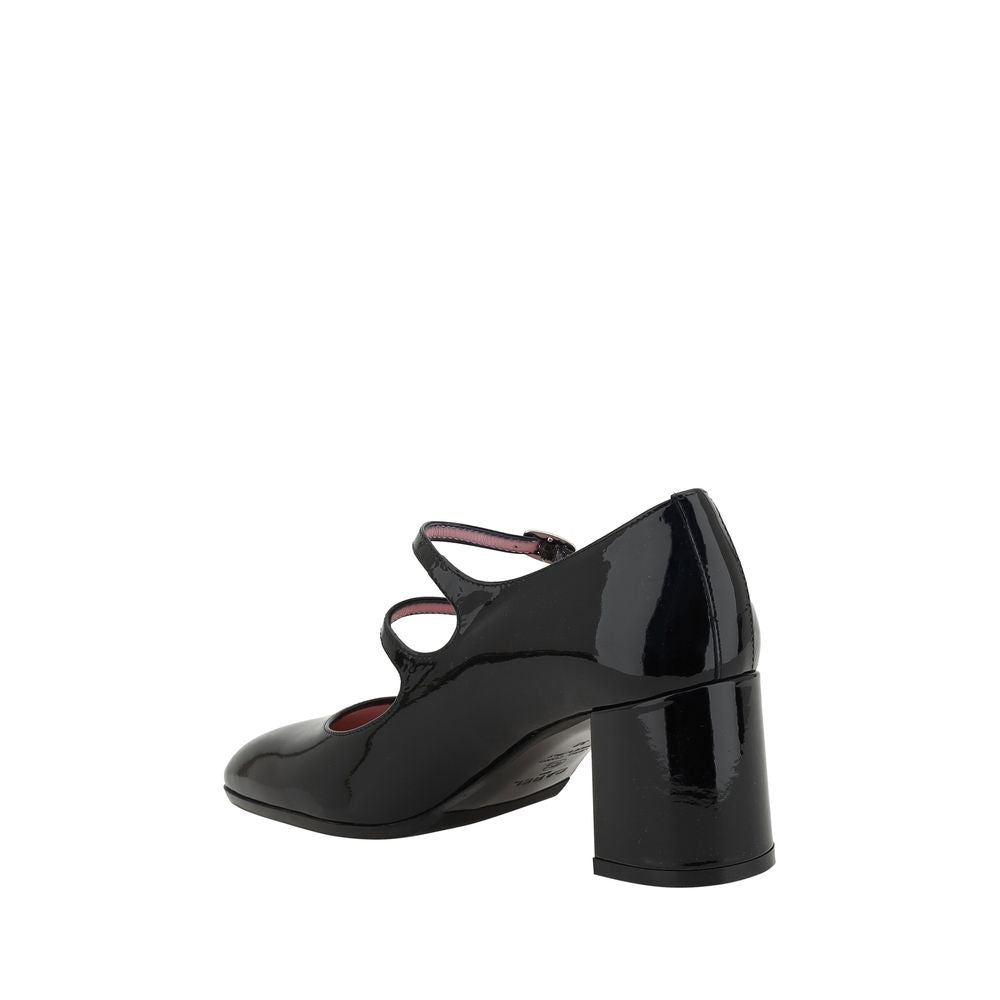 Carel Paris Black Calf Leather Bos Taurus Mid Heel Pumps with two straps and a 6-cm beveled heel, side view of elegant patent leather design.