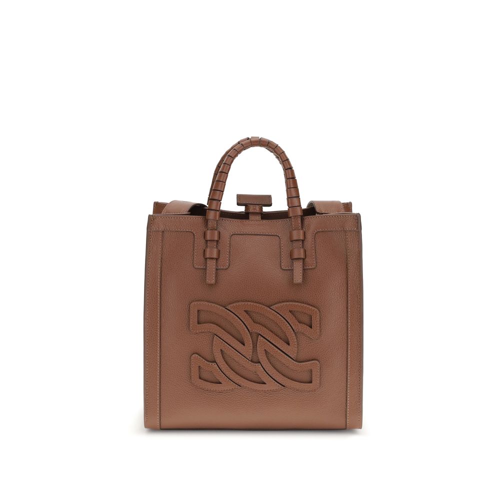 Casadei Brown Calf Leather Bos Taurus Shoulder Bag with embossed logo and tubular handles