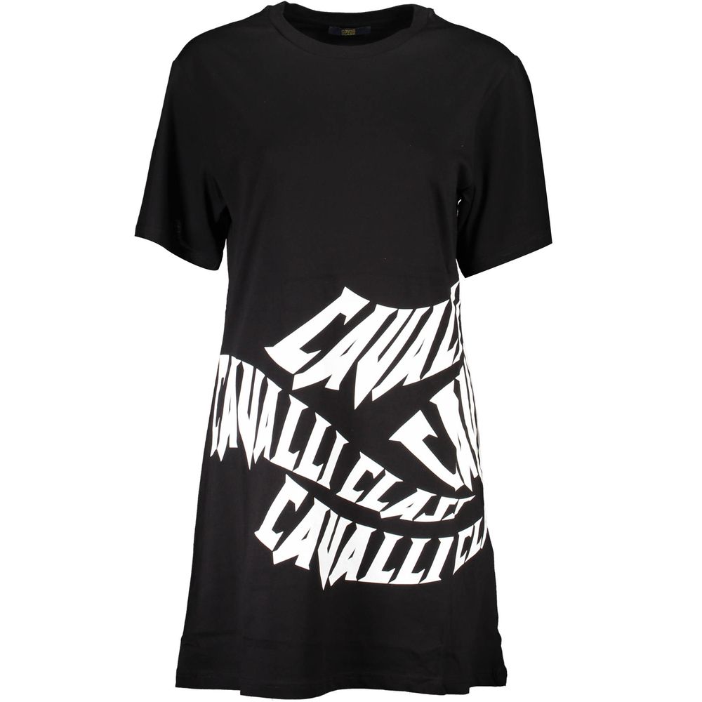 Cavalli Class Black Cotton Dress with round neck, short sleeves, and printed logo design.