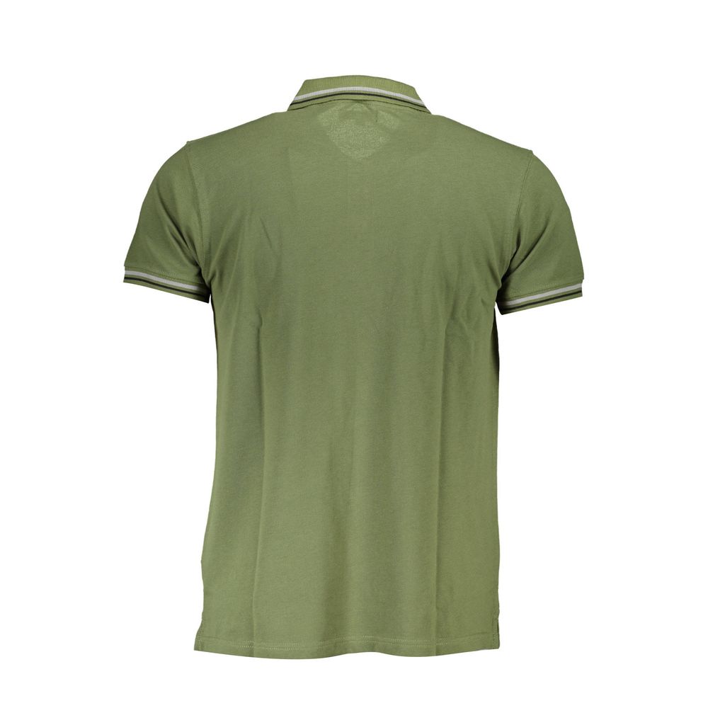 Back view of Cavalli Class Green Cotton Men Polo Shirt showcasing luxury embroidery and contrasting details.