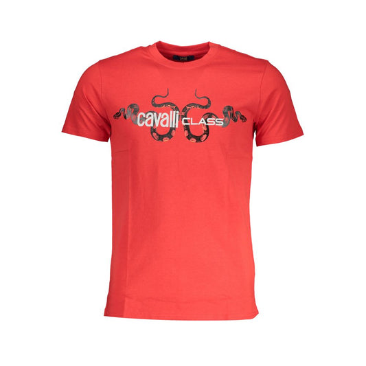 Cavalli Class Red Cotton T-Shirt, short sleeve, crew neck, printed logo design, stylish fashion tee for casual wear.