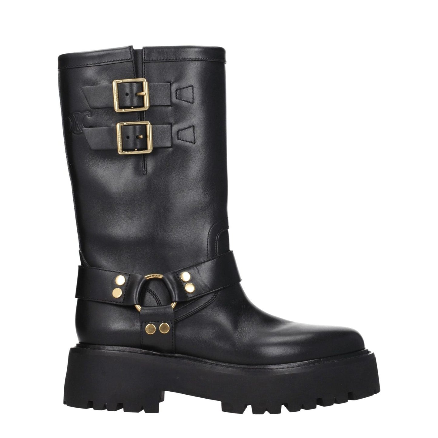 Black leather ankle boots with gold buckle and strap details. Round toe, lug sole, mid-calf height. Ideal for edgy casual wear.