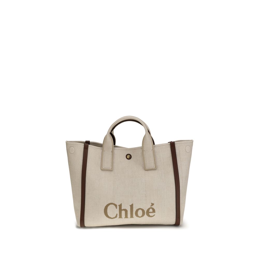 Chloé Beige Cotton Shoulder Bag featuring tubular handles and button closure, designed for elegance and practicality.