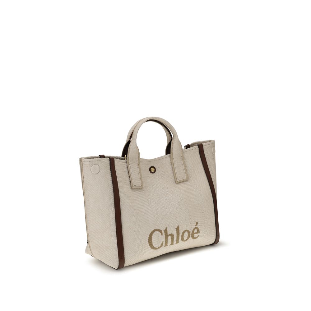 Chloé Beige Cotton Shoulder Bag with handles and signature, showcasing elegant and versatile design.