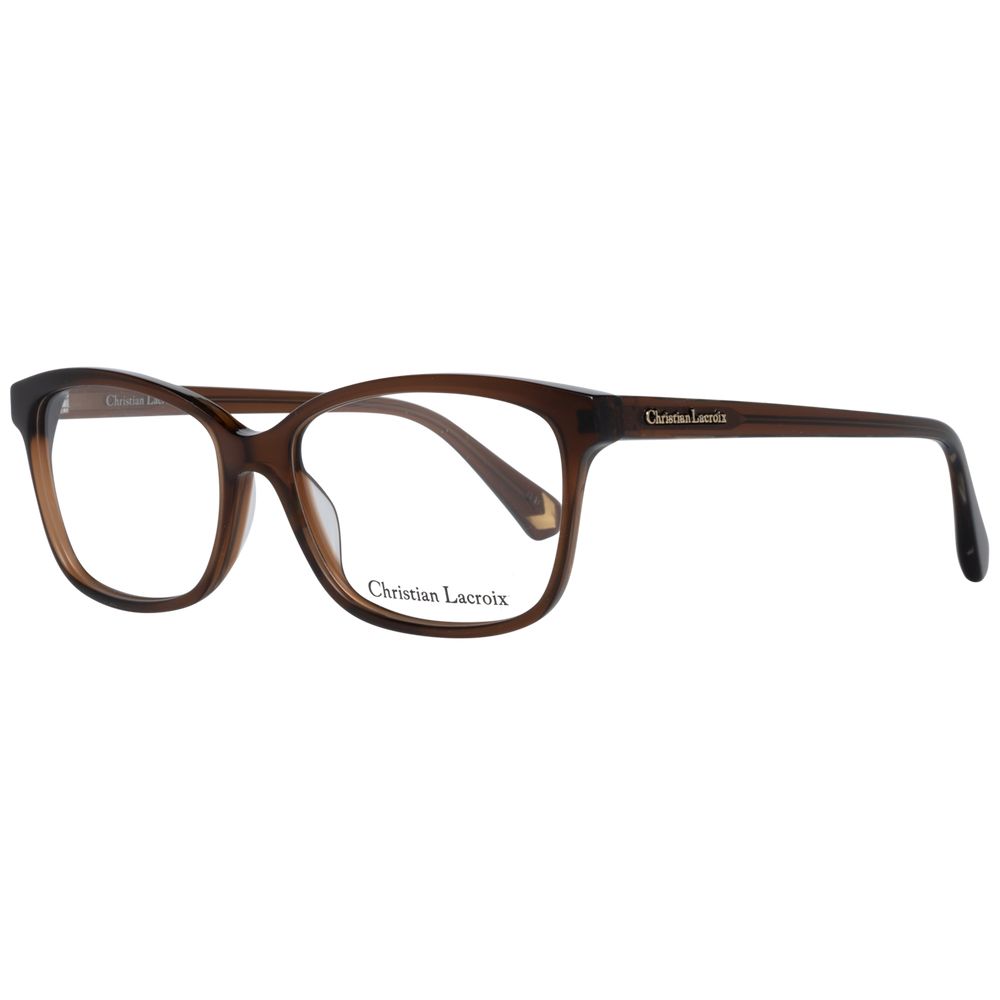Christian Lacroix Brown Plastic Glasses (Frames) for women, full-rim trapezium style, size 53-15-140, demo lenses, includes branded case.