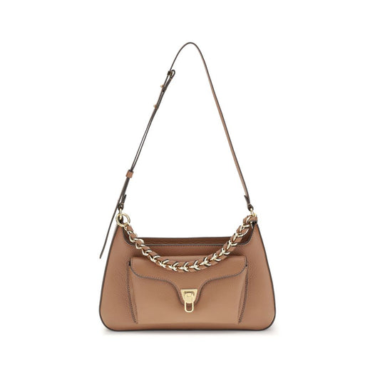 Coccinelle Beige Calf Leather Bos Taurus Shoulder Bag with gold chain and adjustable strap