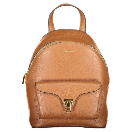 Coccinelle Brown Leather Women Backpack with single handle, adjustable straps, and secure twist closure. Italian-made fashion accessory.
