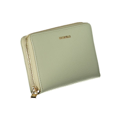 Coccinelle Green Leather Wallet with zip closure, five compartments, card spaces, and logo.